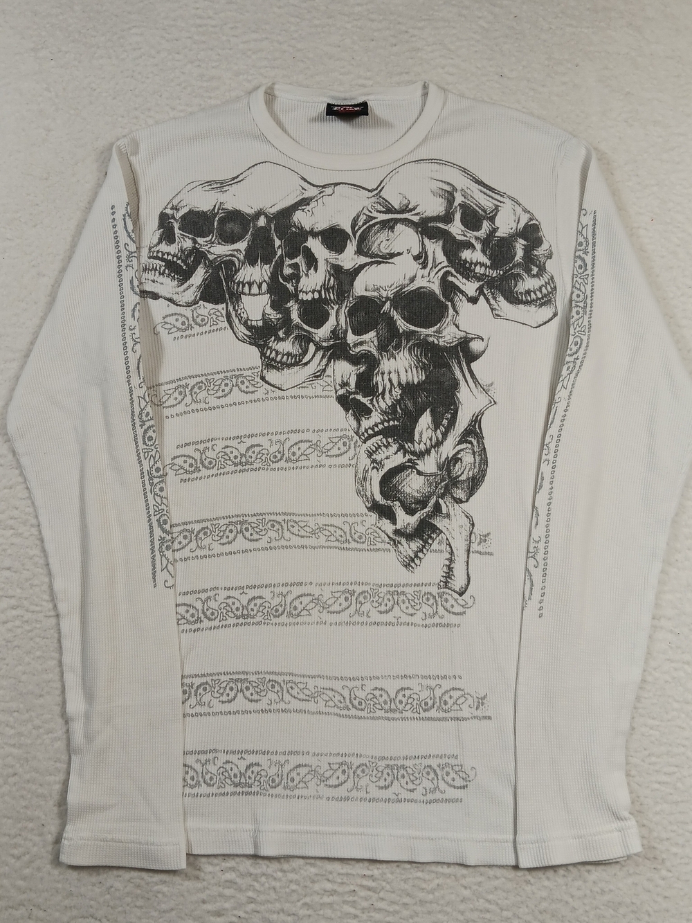 MMA Elite Shirt Mens Medium White Waffle Knit Thermal Skull Pile Y2K
